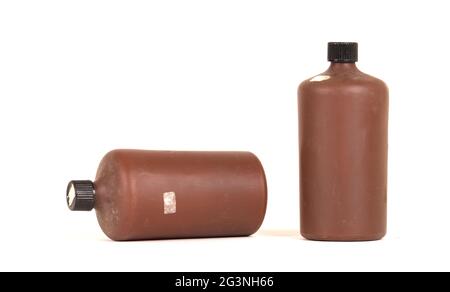 Photo developing equipment - Plastic bottle with chemicals Stock Photo