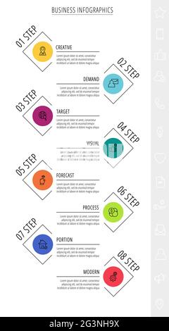 Thin line vector infographics with eight circles and labels. Timeline template with 8 steps for the app, business, website, interface, chart, levels Stock Vector