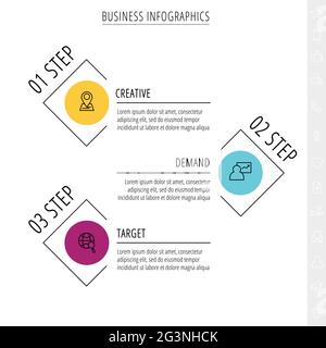 Thin line vector infographics with three circles and labels. Timeline template with 3 steps for the app, business, website, interface, chart, levels Stock Vector