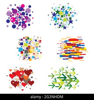 Set of Patterns in various Shapes - Circles, Squares, Hearts, Arrows and Stars - Multicolored Stock Vector