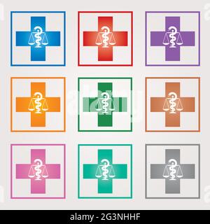 Set of Swiss Pharmacy Icons with Caduceus Symbol in Mixed Colors - Swiss Cross Symbols in Squares Stock Vector