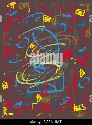 Doodle Handdrawn Pop Design, Primary Colors, Abstract Vibrant Line Illustration on Dark Background, Tablet Notebook Sketch Stock Vector