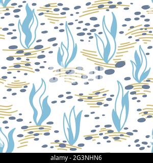 Seamless pattern with hand drawn sea waves in sketch style. Vector endless background in blue colors Stock Vector