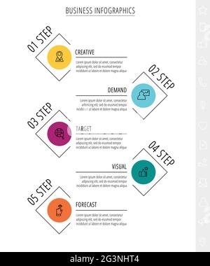 Thin line vector infographics with five circles and labels. Timeline template with 5 steps for the app, business, website, interface, chart, levels Stock Vector