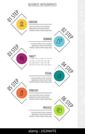 Thin line vector infographics with six circles and labels. Timeline template with 6 steps for the app, business, website, interface, chart, levels Stock Vector
