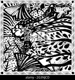 Coloring Page Book for Adults Square Format Psychedelic Style Design Vector Pattern. Black and White Background Stock Vector