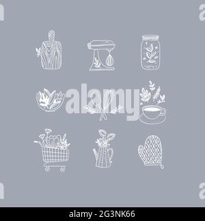 Set of floral kitchen icons in hand made line style cutting board, mixer, jar with lid, salad bowl, dough whisk, coffee cup, grocery cart, water jug f Stock Vector