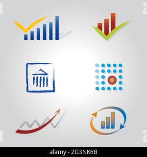 Set of 6 Graph Icons - Different Chart Types with Arrows in Various Colors Stock Vector
