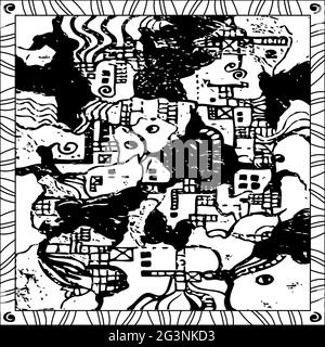 Coloring Page Book for Adults Square Format Psychedelic Style Design Vector Pattern. Black and White Background Stock Vector