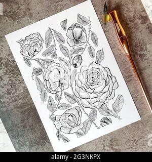 Handmade Card with Vintage Roses Made with ink and pointed pen Stock Photo