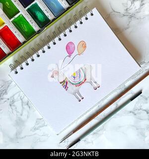 Watercolor Llama Painting in sketchbook Stock Photo