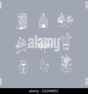 Set of floral garden icons in hand made line style boots, barn, origami, garden cart, umbrella, cactus, hourglass, bird, plaster drawing on grey backg Stock Vector