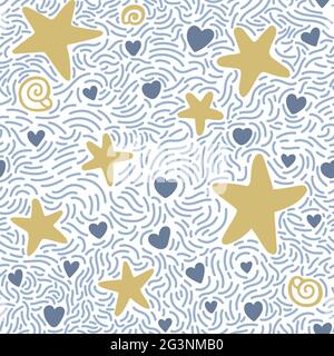 Seamless pattern with hand drawn sea waves in sketch style. Vector endless background in blue colors Stock Vector