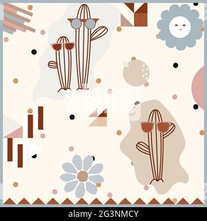 Cacti in sunglasses vector card background with cute funny cartoon cactuses mexican style Stock Vector