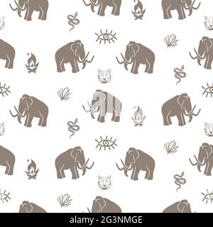 Mammoth seamless pattern with tiger and snake stone age theme background Stock Vector