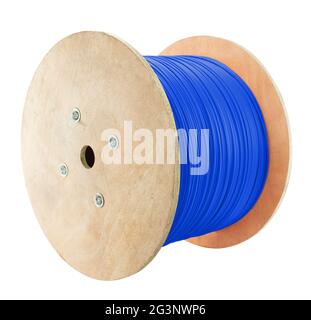 Blue cable large spool, Roll - wooden spool. Stock Photo