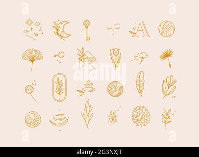 Symbols in modern minimal style drawing on beige background. Stock Vector
