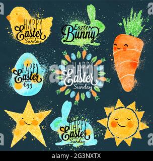Happy easter symbols painted pastel colored stylized kids style, sun, sun, chicken, egg, rabbit, carrot, star on a dark blue background Stock Vector
