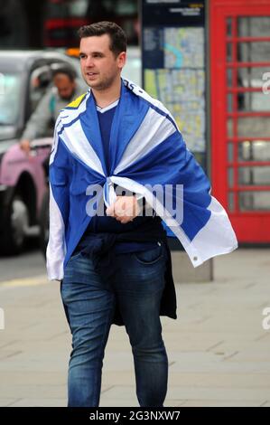 London, UK. 17th June, 2021. Trafalgar Square prepared for Scotland England match on Friday. The square remains busy despite being mostly sealed of in preparation for the match. Credit: JOHNNY ARMSTEAD/Alamy Live News Stock Photo