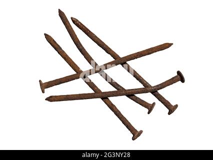 Five old rusty and crooked nails isolated Stock Photo