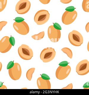 seamless pattern Set of apricots whole with a leaf, half an apricot with a stone and a slice. Vector illustration of ripe delicious berries Stock Photo