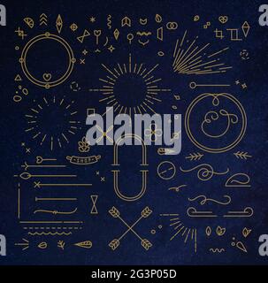 Flat design elements in vintage style drawing with gold lines on blue background Stock Vector