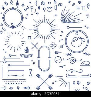 Flat design elements in vintage style drawing with blue lines on white background Stock Vector