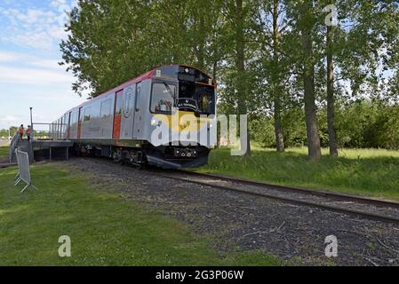 A Viva Rail 230 Class DMU in Transport For Wales livery. The unit is converted from London Underground D stock & is on display at Rail Live trade show Stock Photo