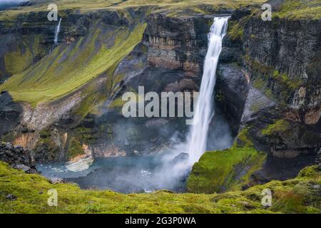 Haifoss waterfall in Iceland - one of the highest waterfall in Iceland, popular tourist destination. Stock Photo