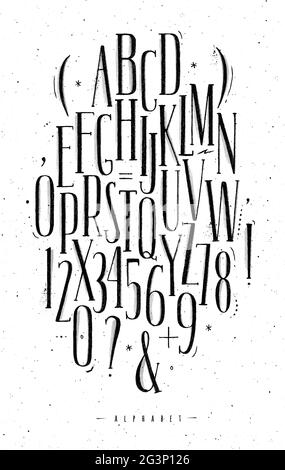 Alphabet set gothic font in vintage style drawing with black on white background Stock Vector