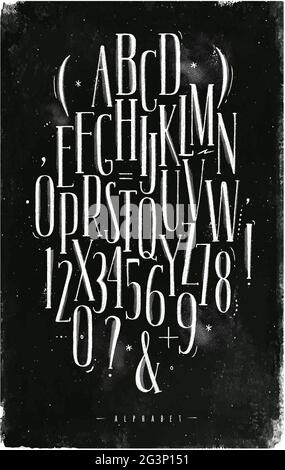 Alphabet set gothic font in vintage style drawing with chalk on chalkboard background Stock Vector