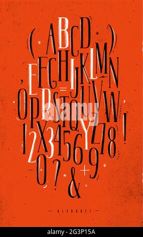 Alphabet set gothic font in vintage style drawing with black and white lines on dirty red background Stock Vector