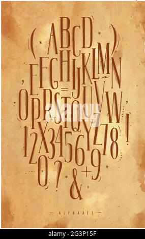 Alphabet set gothic font in vintage style drawing with brown on craft background Stock Vector