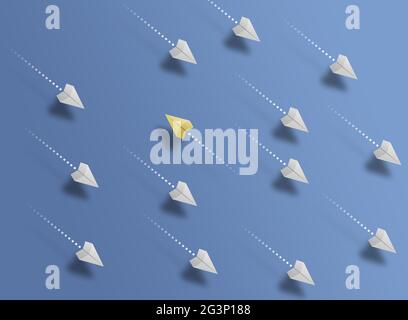 group of paper planes flying in one direction on blue background and one paper glider going in different or opposite direction, breaking new ground Stock Photo