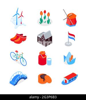 Dutch symbols - modern colorful isometric icons set. Culture and traditions of Netherlands. Windmill, agriculture, flag, clogs, flowers, bicycle, Amst Stock Vector