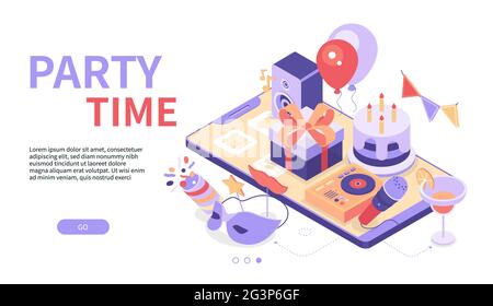 Party time - modern colorful isometric web banner with copy space for text. Website header with holiday celebration symbols, festival elements. Flags, Stock Vector