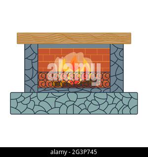 Home inside living room design element. Fireplace, Colorful cozy interior warm bright. Stock Vector