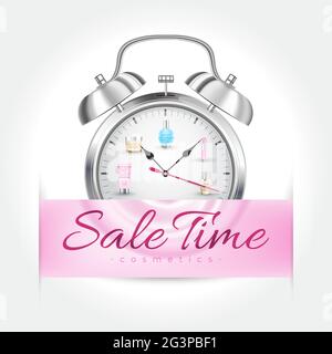 Sale Time Cosmetics concept. Alarm clock with a pink information banner. Stock Vector