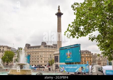 London, United Kingdom. 17th June 2021. Fan Zone preparations at Trafalgar Square ahead of the England-Scotland UEFA Euro 2020 match at Wembley Stadium, taking place on 18th June.  (Credit: Vuk Valcic / Alamy Live News)
