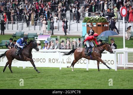 Highfield Princess ridden by jockey Jason Hart wins the Buckingham Palace Stakes with Danyah ridden by jockey Dane O'Neill during day three of Royal Ascot at Ascot Racecourse. Picture date: Thursday June 17, 2021. Stock Photo