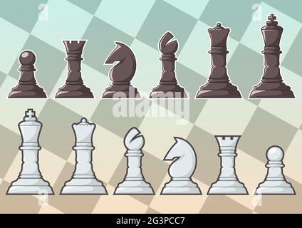 Set of chess pieces upon a teal and orange chessboard background Stock Vector