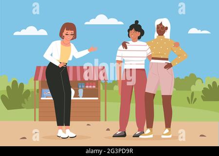 Happy girl friends meeting, greeting in park vector illustration. Cartoon group of young woman characters laughing and hugging, standing together in street market, female friendship background Stock Vector