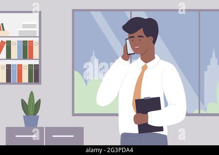 Office worker man talking on mobile phone vector illustration. Cartoon young businessman character holding smartphone, manager using cellphone for business communication and conversation with client Stock Vector