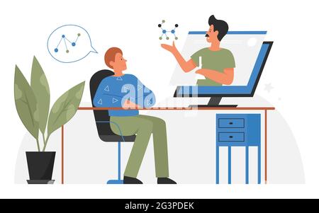 Online video tutorial lesson, remote education vector illustration. Cartoon student man character sitting at computer desk, studying remotely on videocall internet lecture or webinar isolated on white Stock Vector
