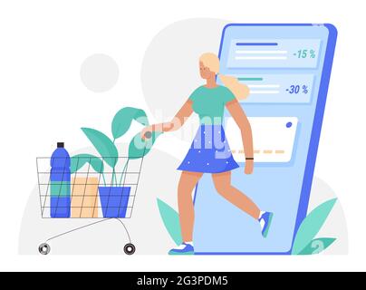 Online shopping, ecommerce vector illustration. Cartoon woman customer character buying in grocery store on big smartphone screen, using shop app digital technology for shopping isolated on white Stock Vector