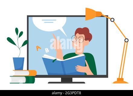 Online education, video lesson on web training course vector illustration. Cartoon teacher tutor man character teaching from computer screen, webinar or distance seminar learning isolated on white Stock Vector