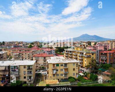 Castellamare di Stabbia cityscape with volcano Vesuvius in the background - Italy Stock Photo