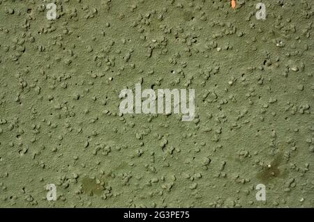 Image of a rough wall that is painted with light green paint and stained by rain Stock Photo