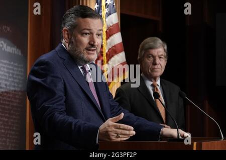 Washington, United States. 17th June, 2021. Sen. Ted Cruz, R-TX, speaks as Sen. Roy Blunt, R-MO, listens as Republican senators hold a news conference to discuss their opposition to S. 1, the 'For The People Act,' at the U.S. Capitol in Washington, DC on Thursday, June 17, 2021. Photo by Ken Cedeno/UPI. Credit: UPI/Alamy Live News Stock Photo