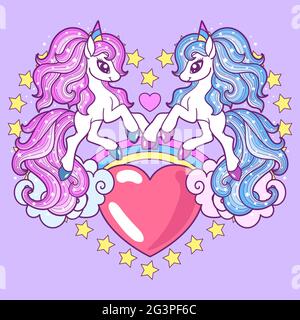 Two cute cartoon unicorns with a pink heart on a lilac background. Vector Stock Vector